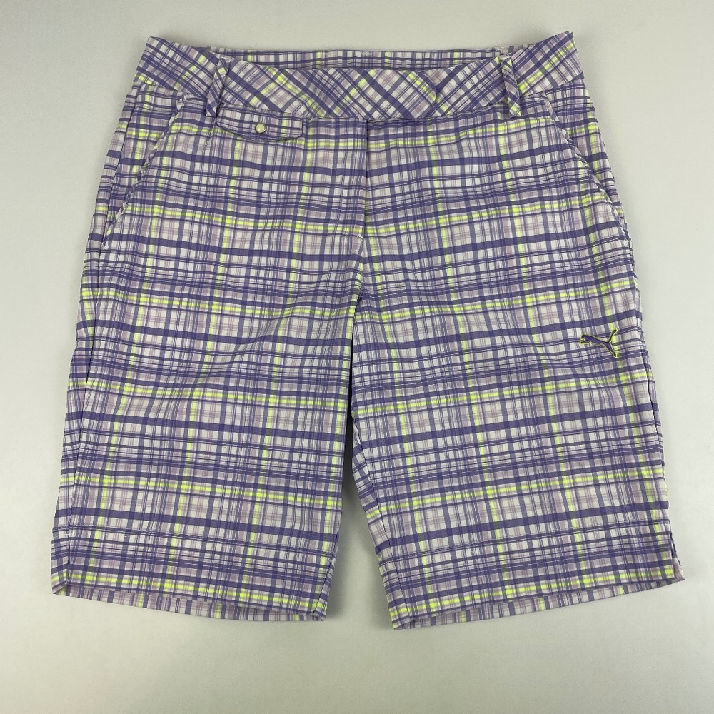 Puma Womens Size 8 Purple Plaid Bermuda Golf Shorts Dry Cell 10" Inseam